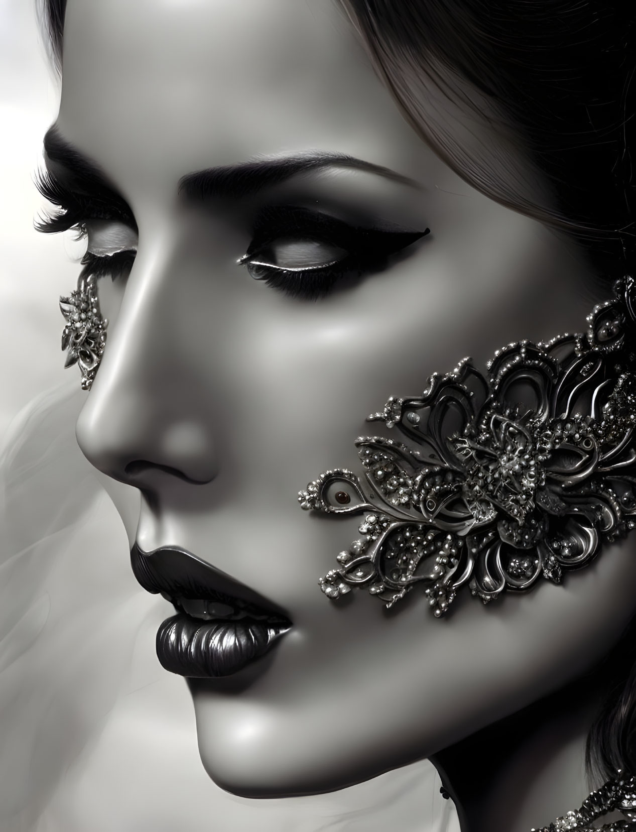 Monochromatic image of woman with floral-patterned jewelry and bold eyeliner