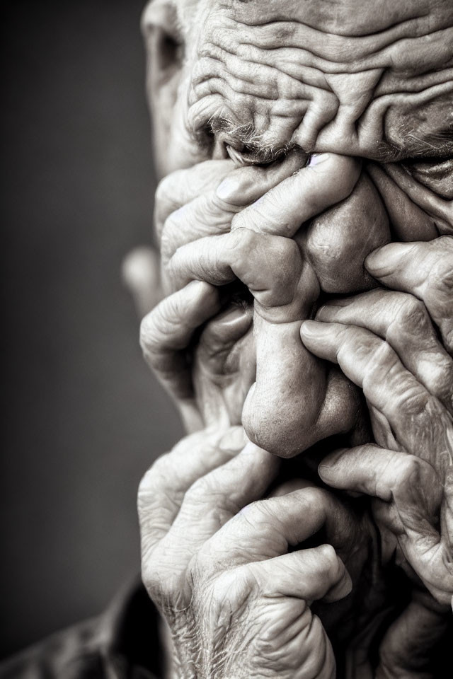 Aged face with hands obscuring, monochromatic close-up.