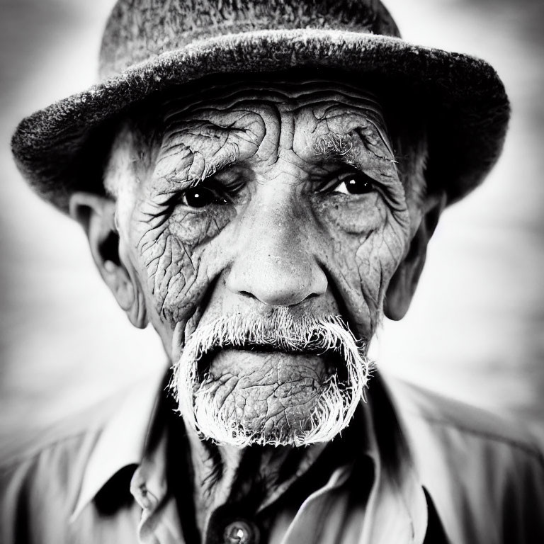 Elderly man portrait in black and white with deep wrinkles and white mustache.