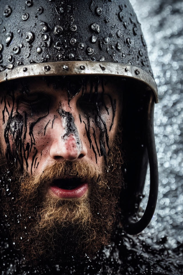 Bearded person in wet Viking-style helmet with water droplets