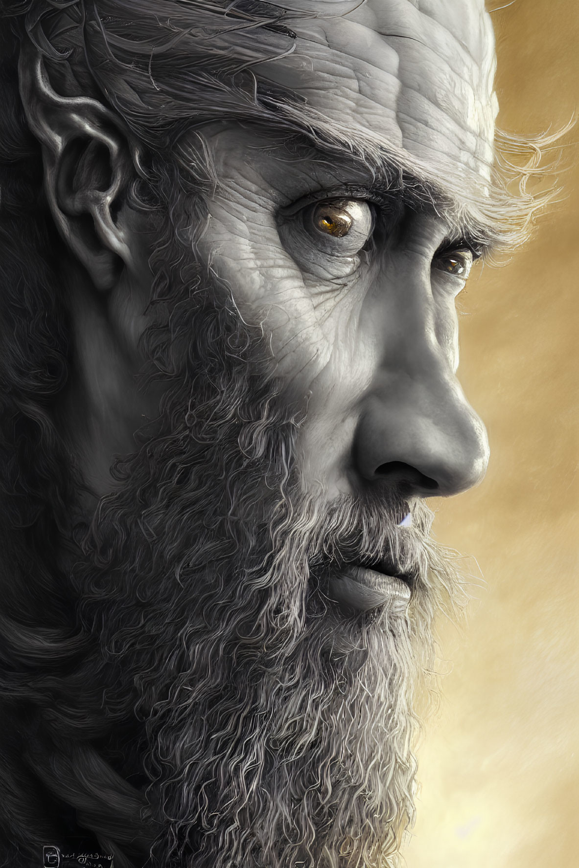 Hyper-realistic portrait of older man with yellow eyes, grizzled beard, and deep wrinkles on