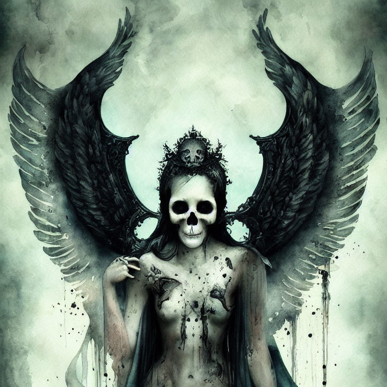 Dark fantasy art: Skull-faced figure with black wings and crown on murky background