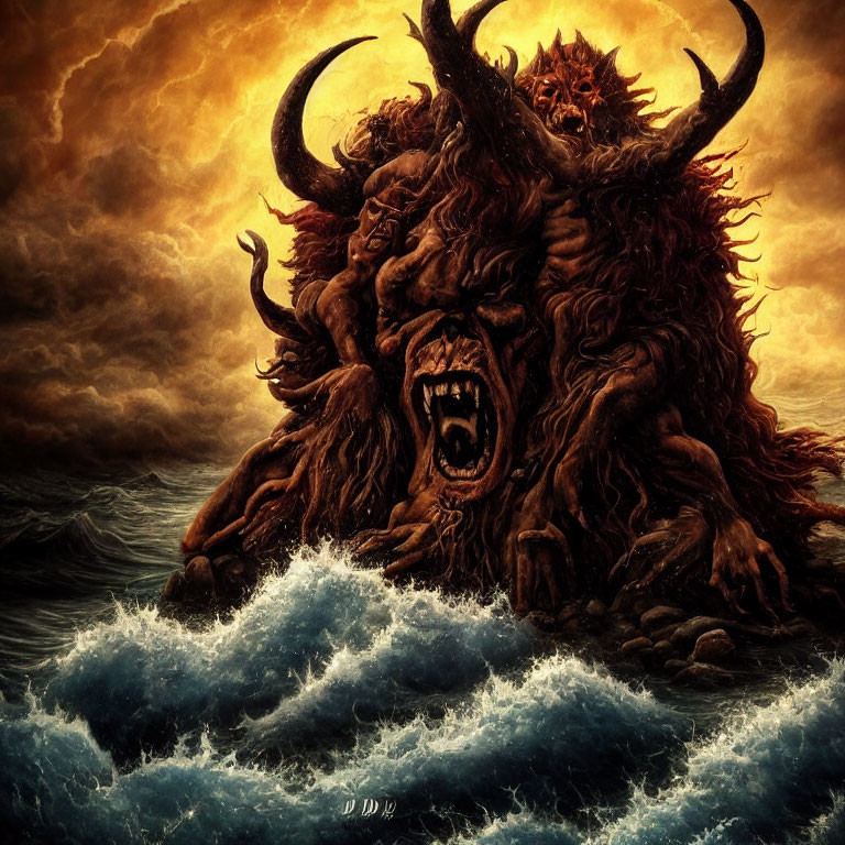 Mythical horned creature rises from stormy ocean waves