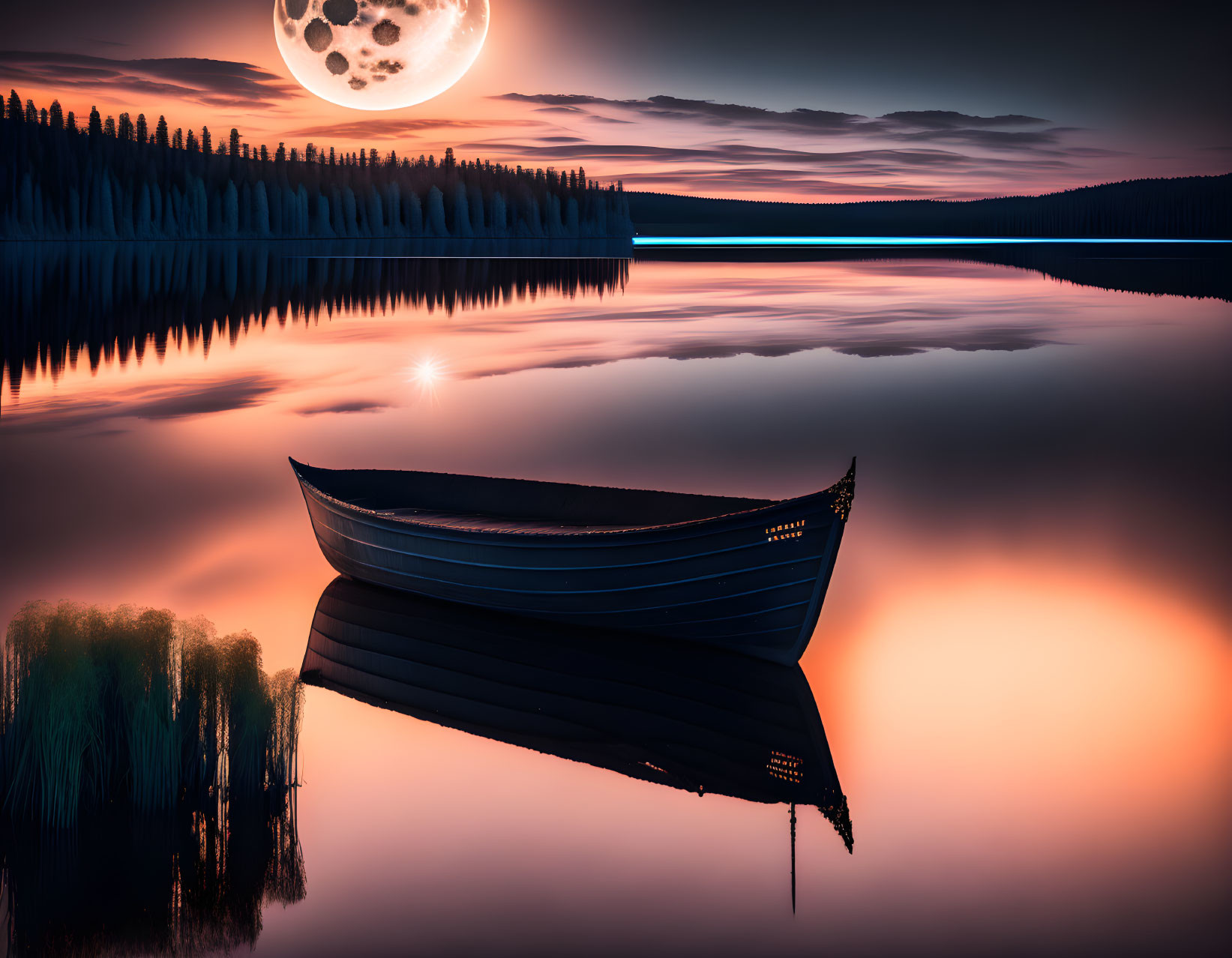 Tranquil sunset lake scene with boat, trees, and moon