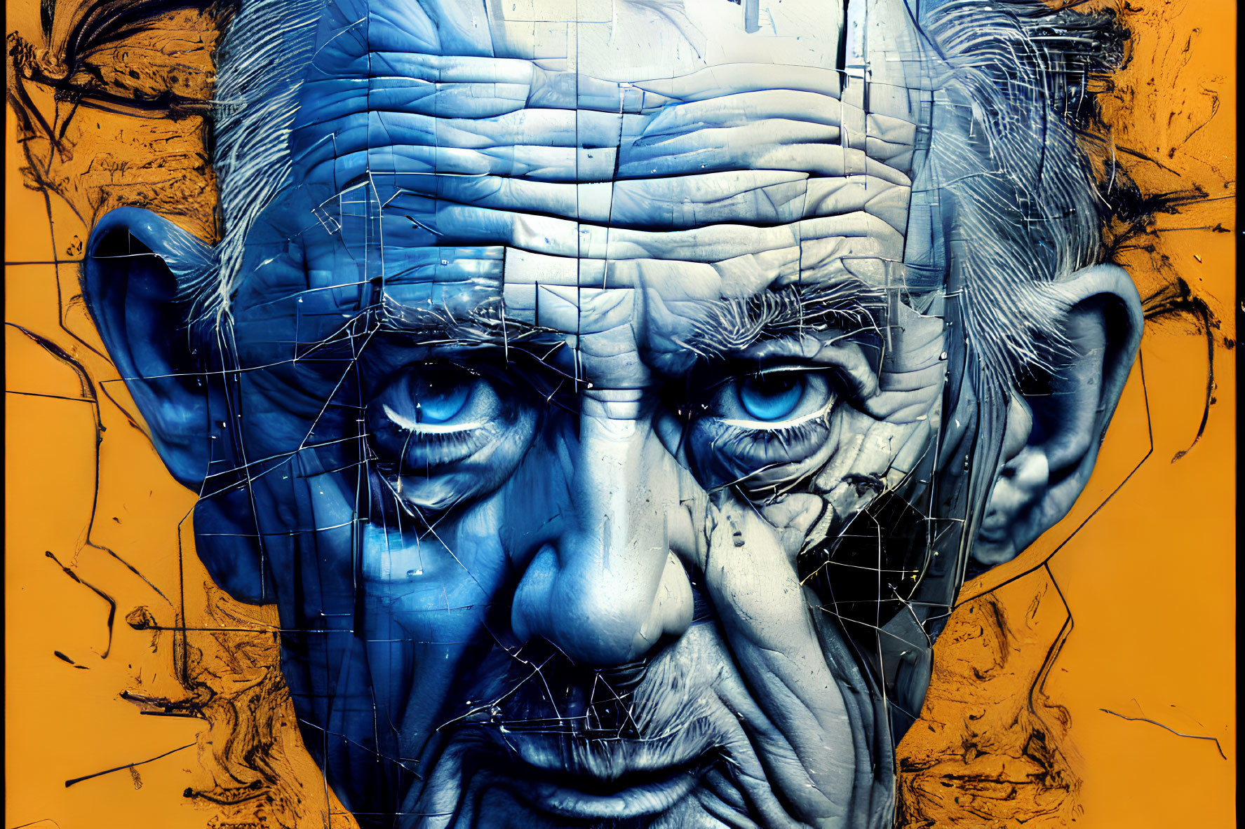 Hyper-realistic mural of elderly man's face on vibrant yellow background