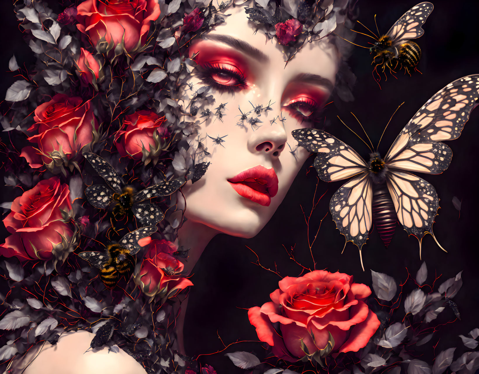 Surreal portrait of woman with red roses, butterflies, dramatic makeup