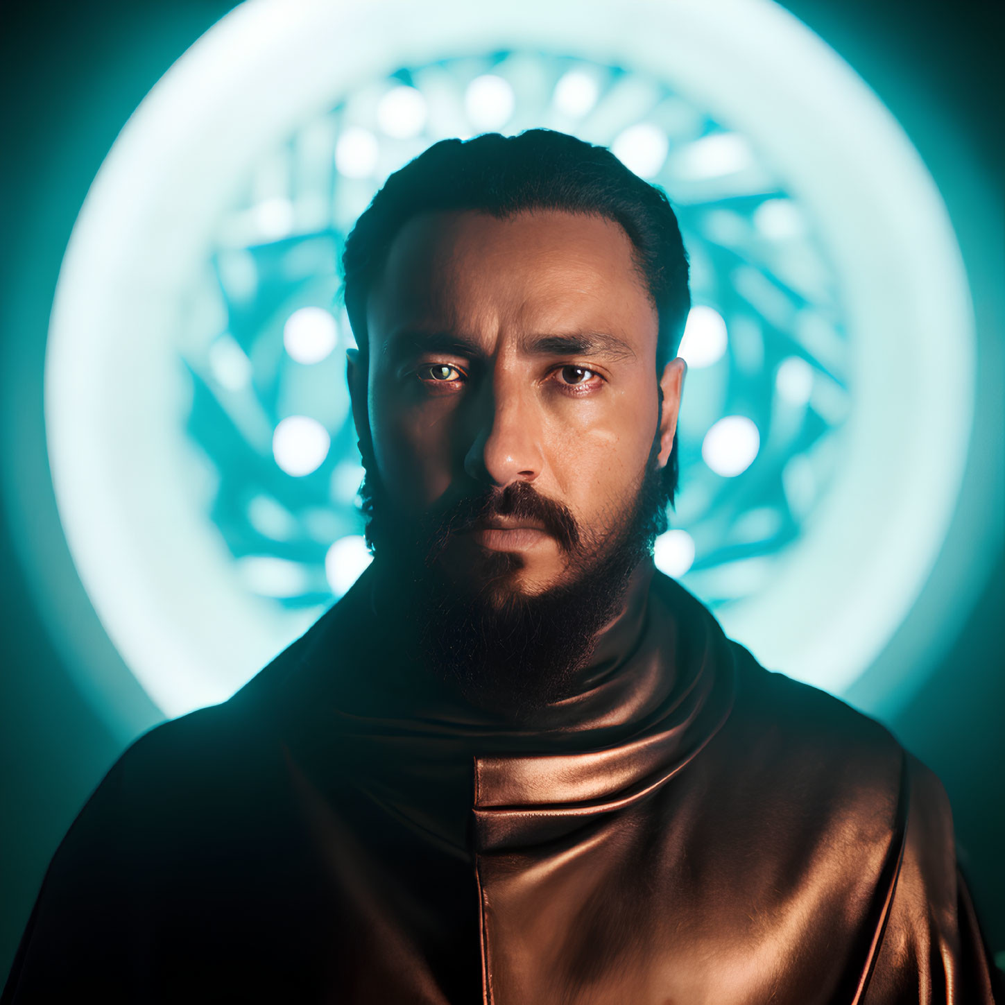 Bearded man in gold jacket against blue circular light pattern