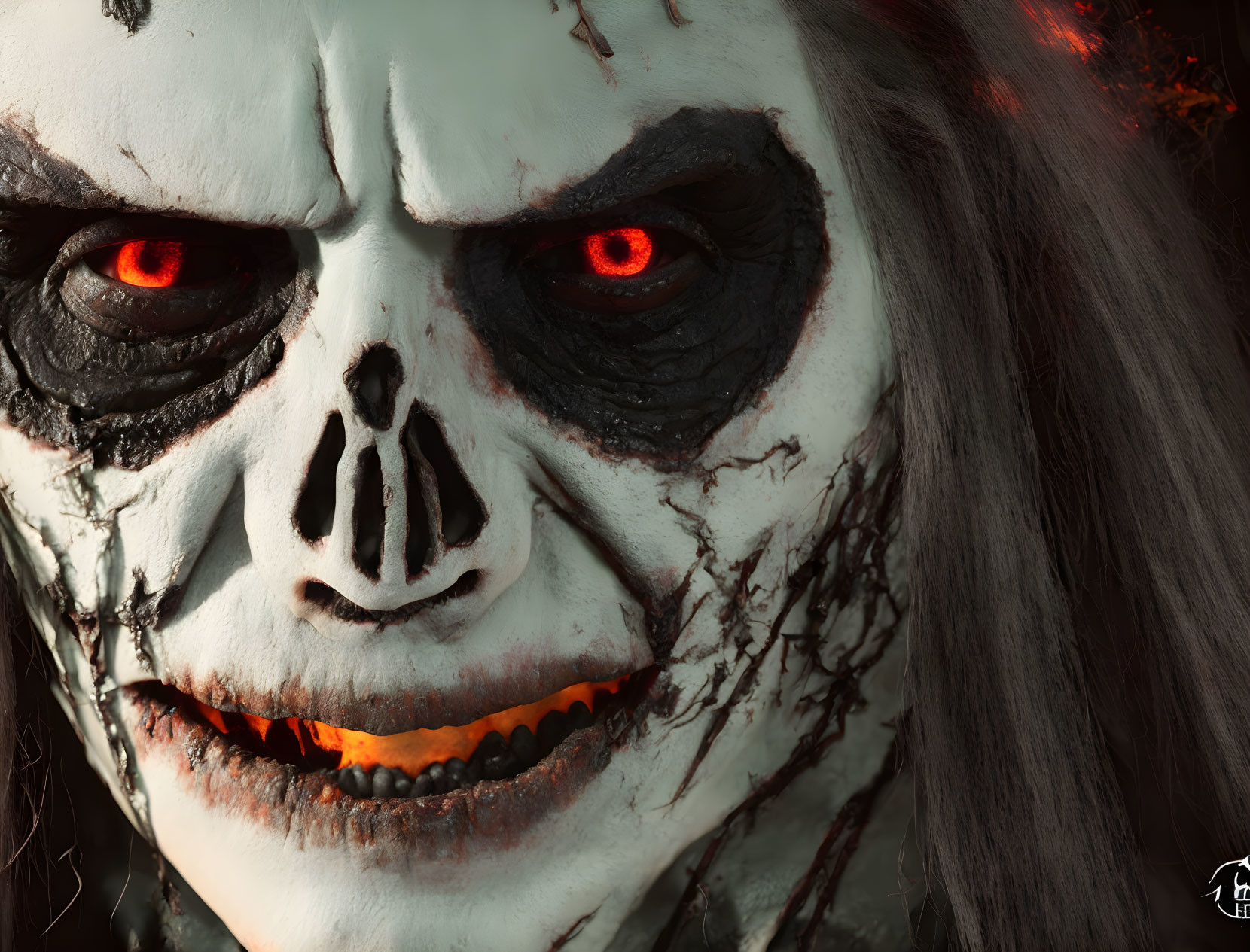 Spooky person with skull-like face paint and red eyes on dark background