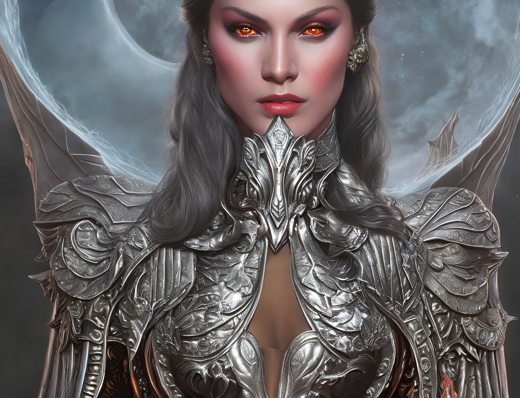 Digital artwork of a woman with red glowing eyes in silver-plated armor.