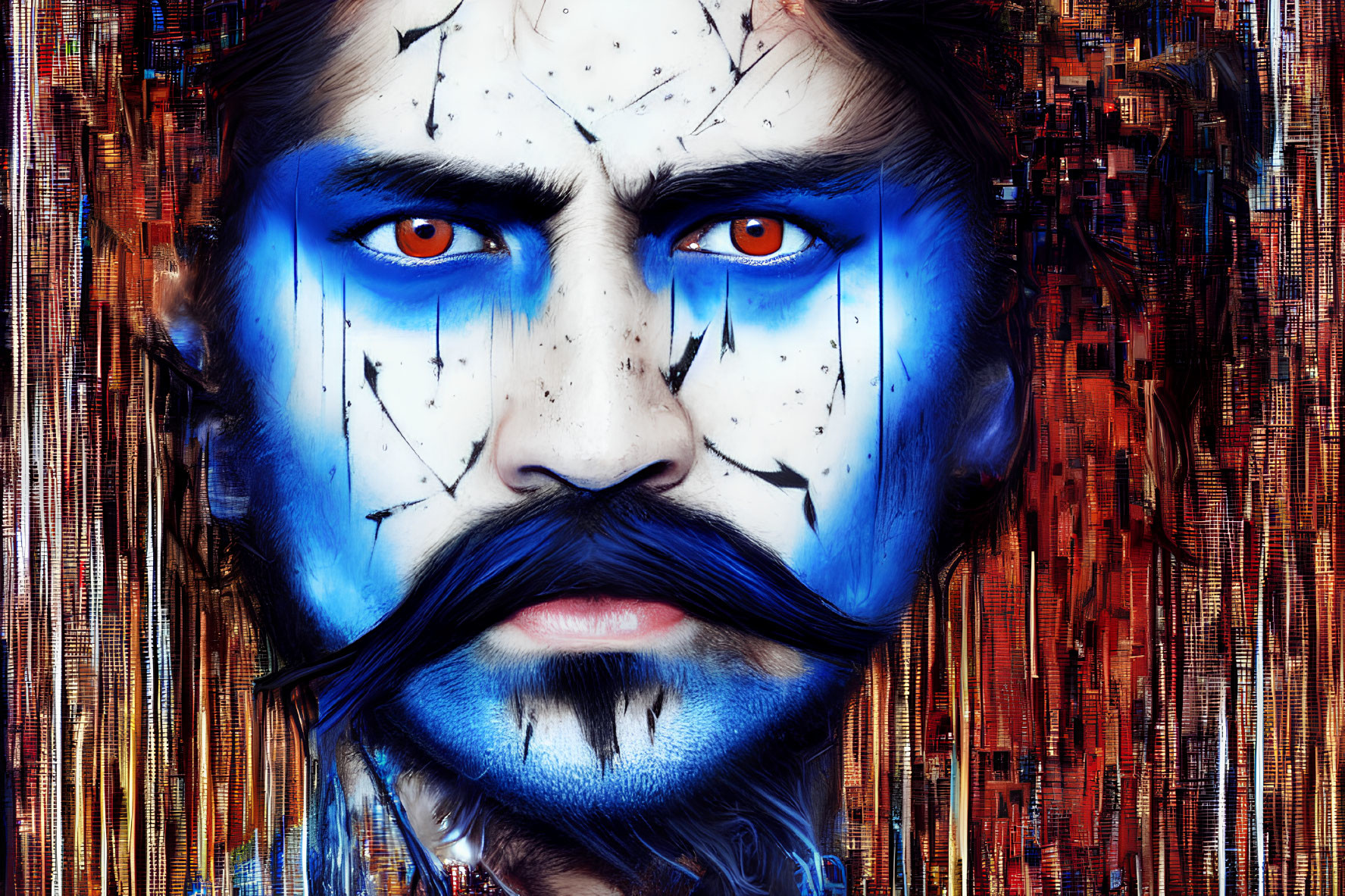 Fiery orange eyes on man with blue and white face paint against chaotic reddish backdrop