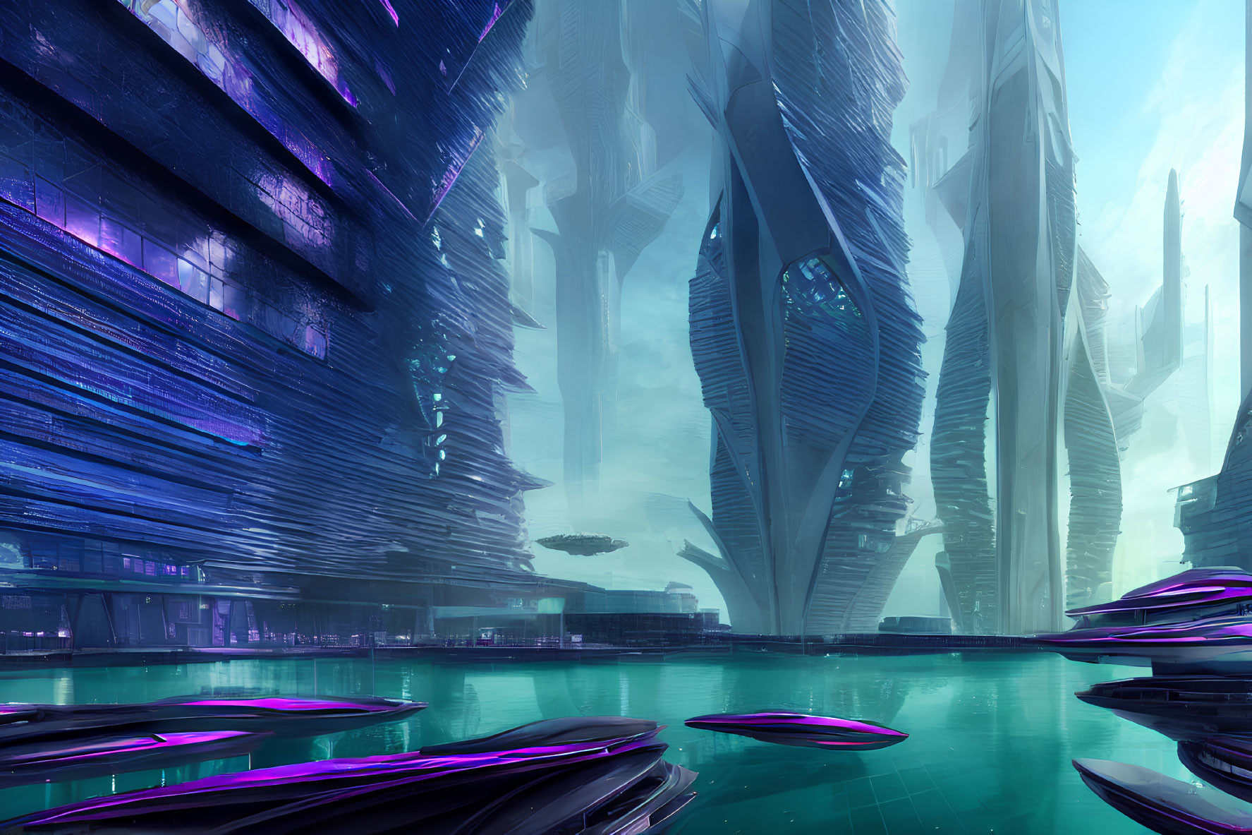 Futuristic cityscape with towering skyscrapers and floating vehicles.