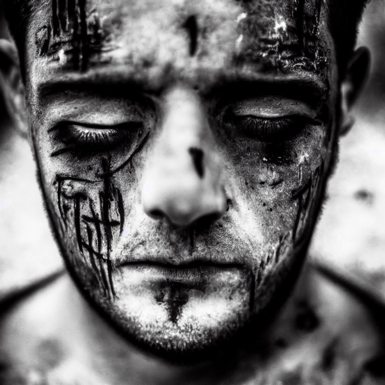 Detailed close-up of person's face with closed eyes and tribal black markings