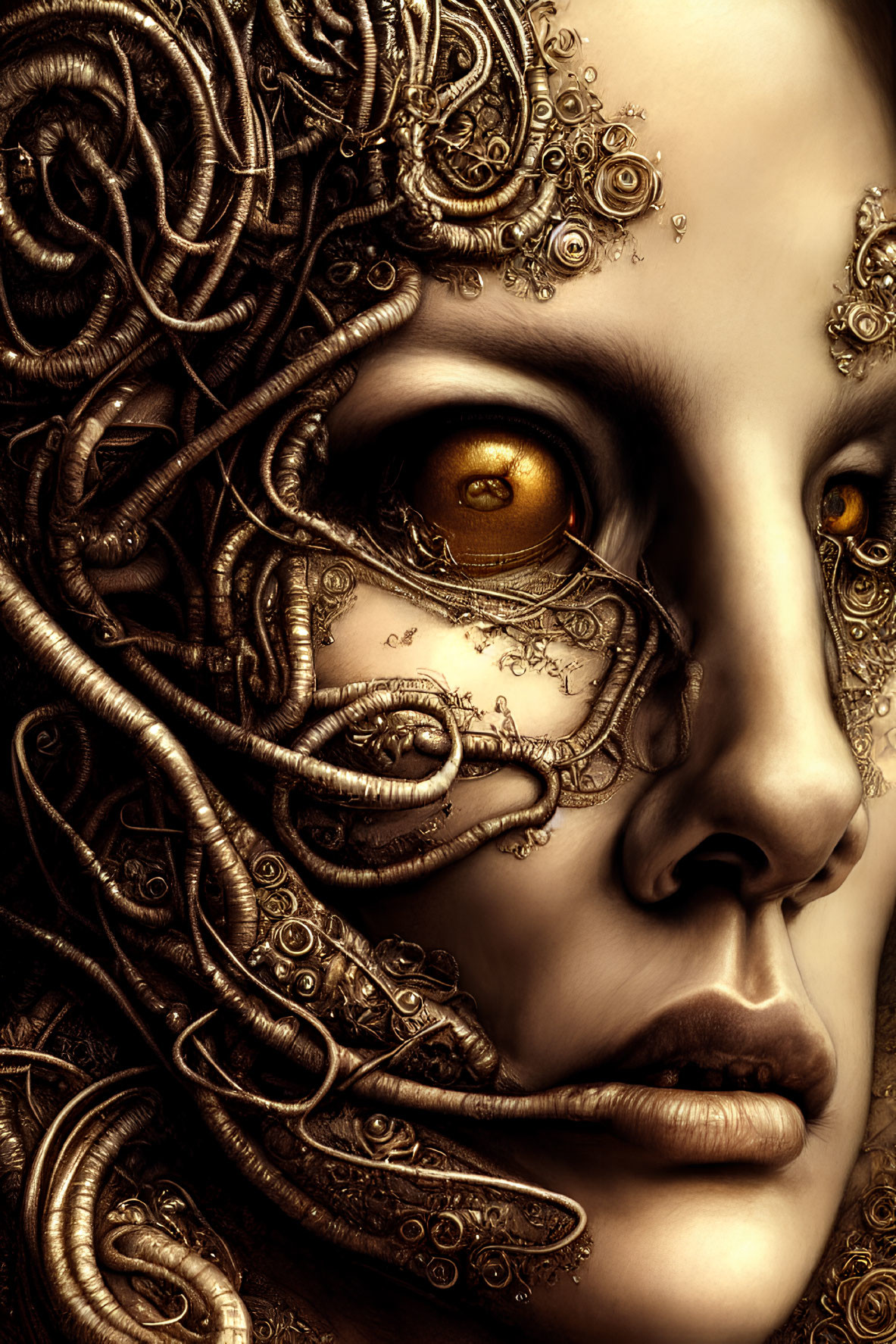 Steampunk-inspired female figure with ornate mechanical details