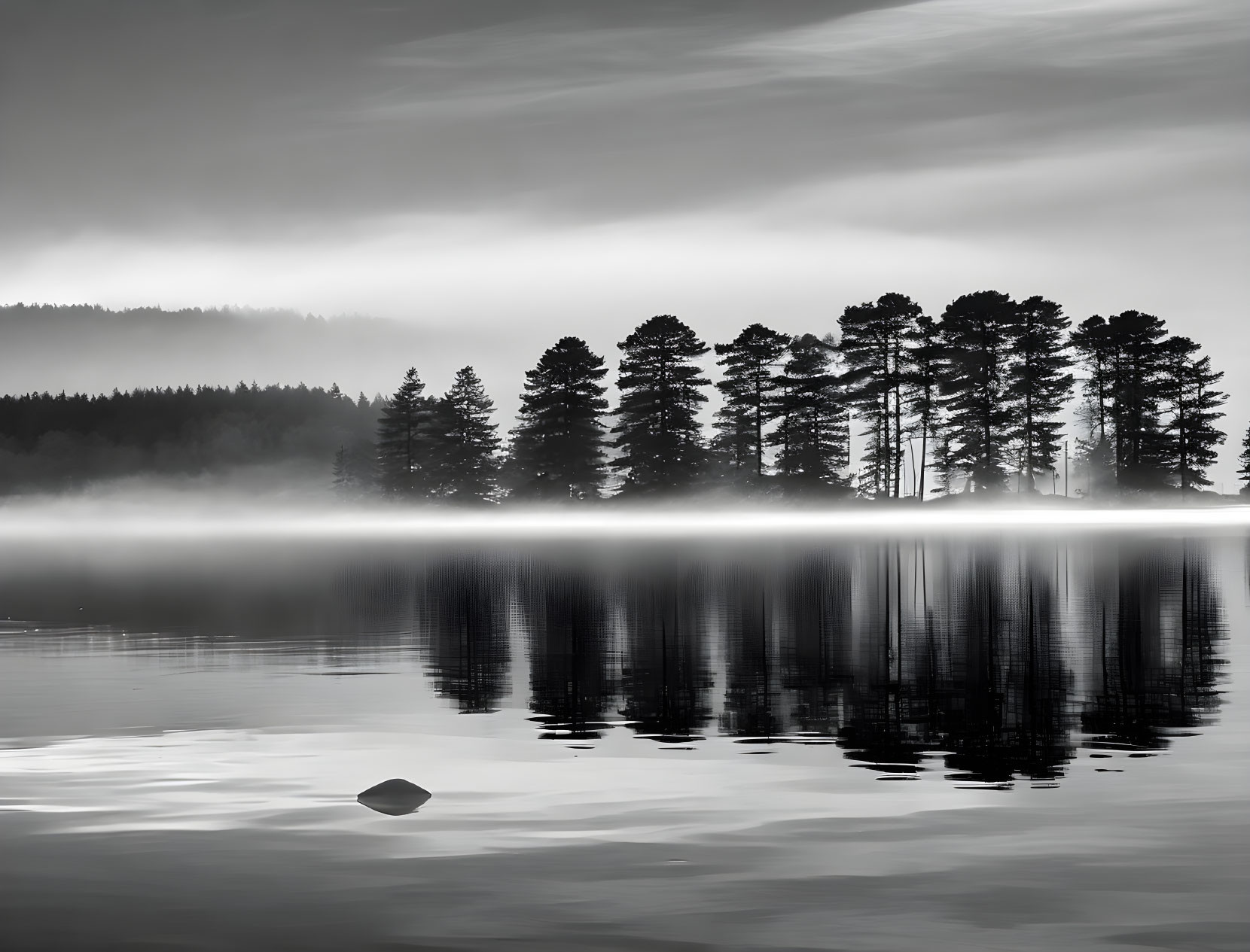 Monochrome landscape: serene lake, misty trees, cloudy sky