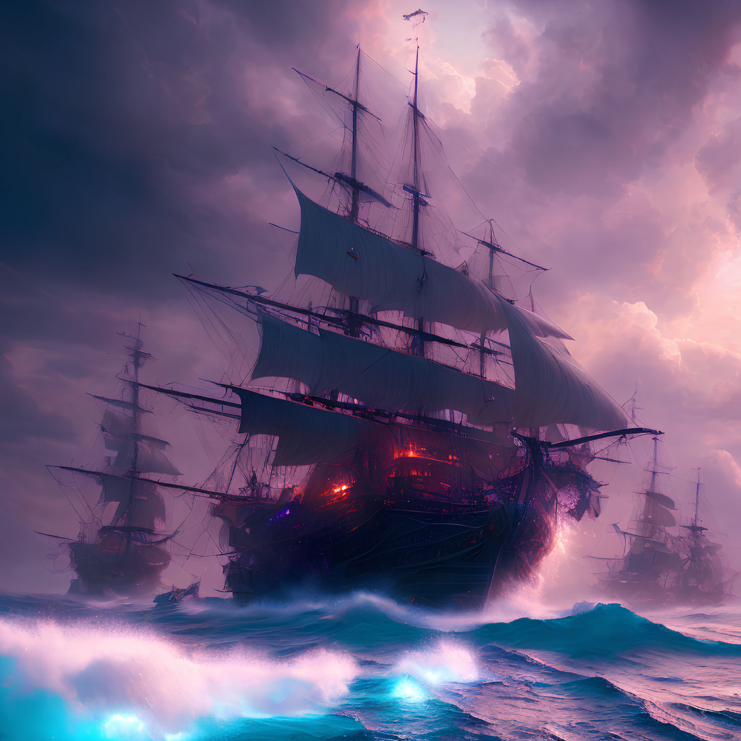 Sailing ships on misty purple seas under dramatic sky