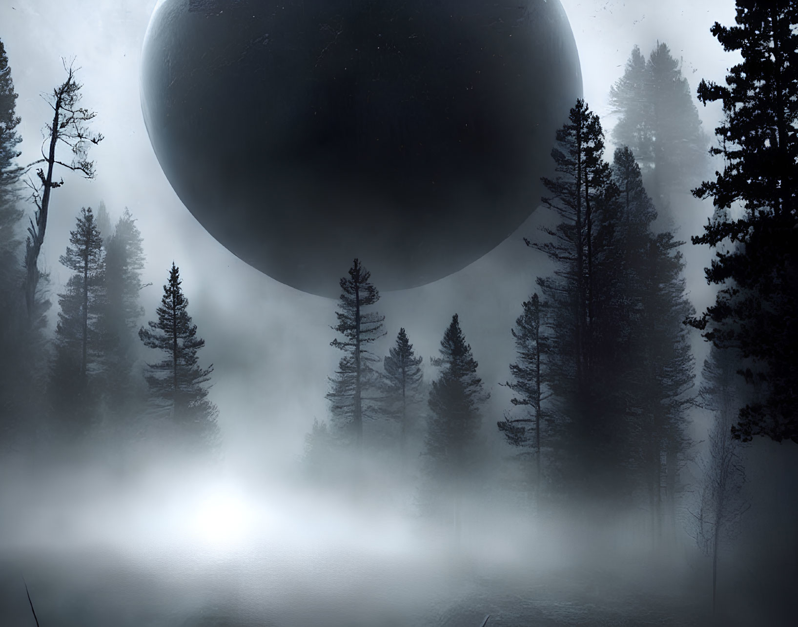 Giant Sphere Floating Above Foggy Forest with Tall Trees