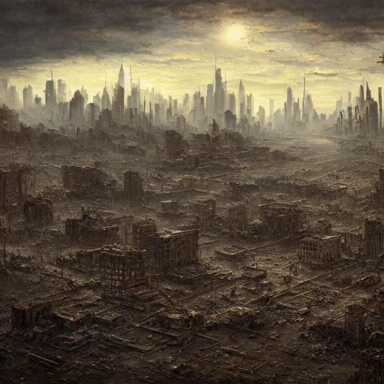 Desolate post-apocalyptic cityscape with ruined buildings under dramatic cloudy sky