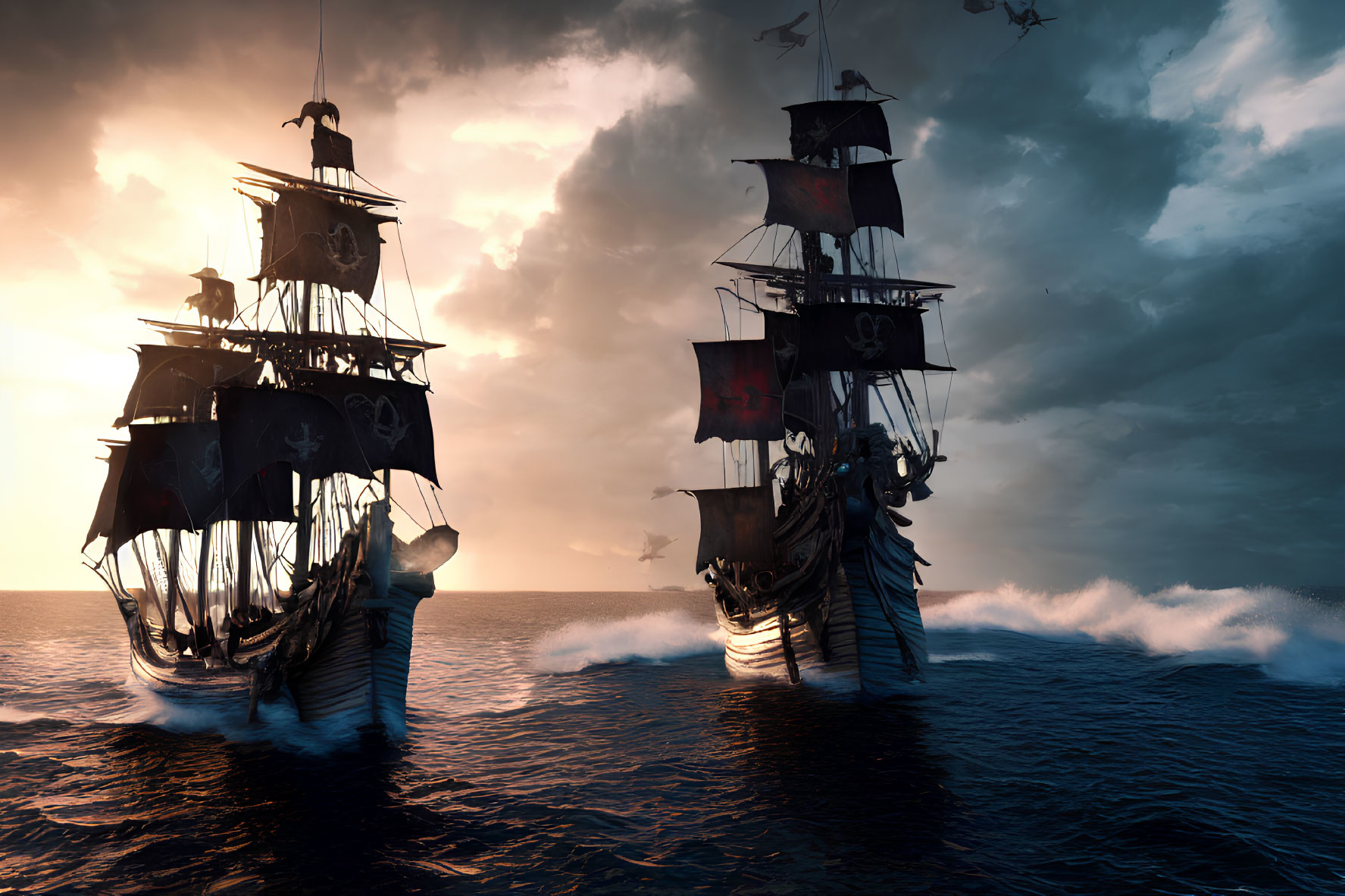 Pirate ships with black sails on rough seas under a dramatic sunset.