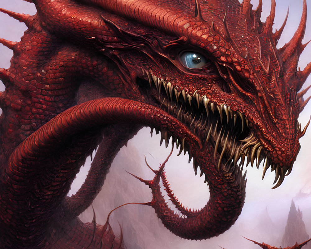 Detailed Close-Up of Fierce Red Dragon with Multiple Horns and Blue Eye