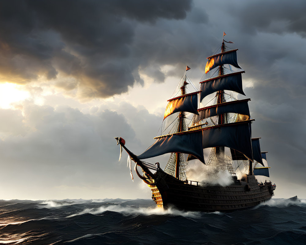 Sailing ship with billowing sails on turbulent ocean waves at sunset