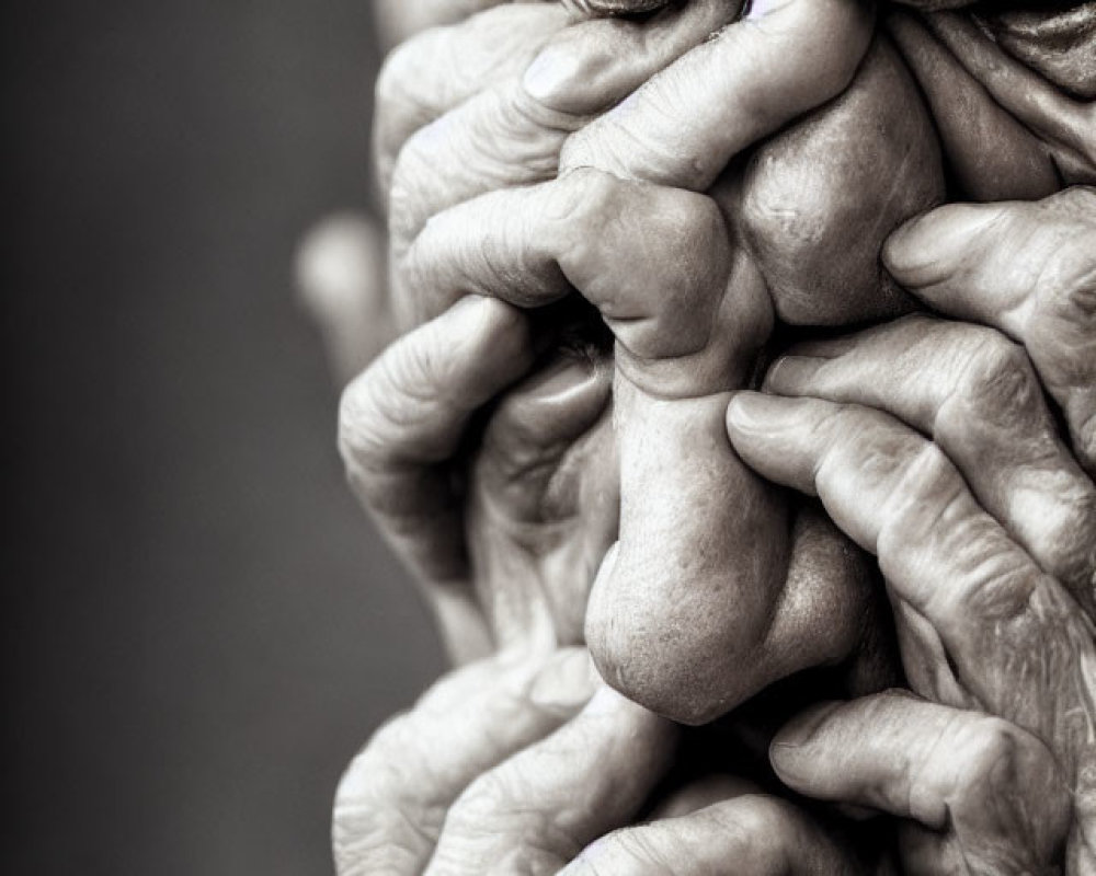 Aged face with hands obscuring, monochromatic close-up.