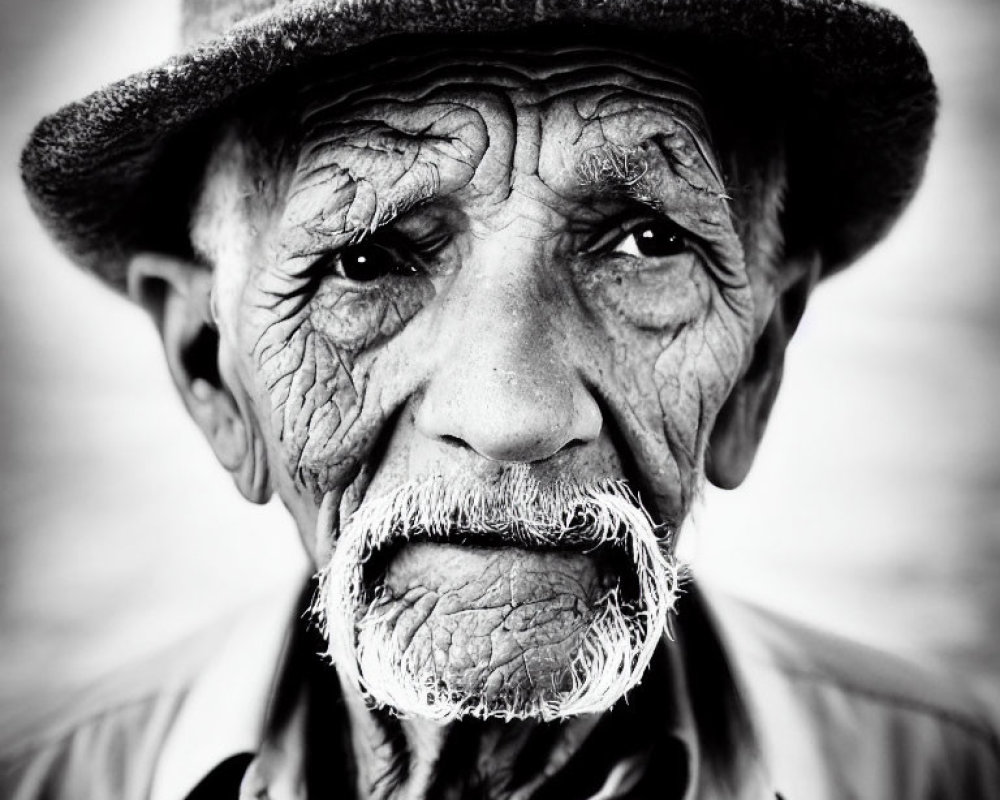 Elderly man portrait in black and white with deep wrinkles and white mustache.