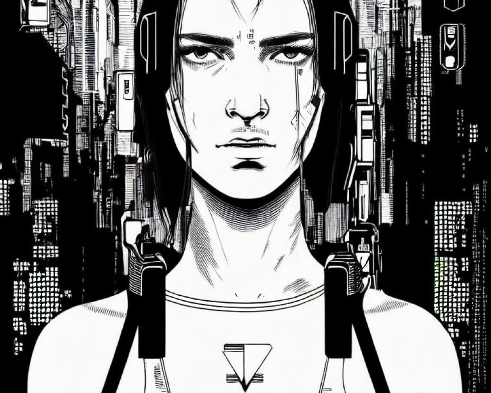 Monochromatic illustration of stern figure with cybernetic enhancements in futuristic cityscape