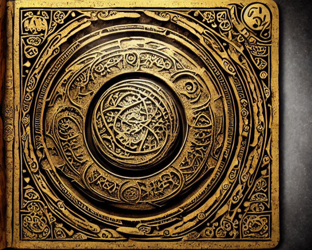 Intricate Golden Carved Book Cover with Circular Patterns