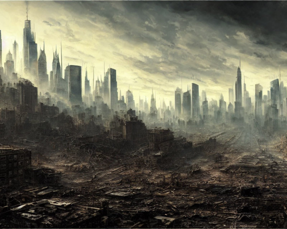 Dystopian cityscape with decaying buildings and distant skyscrapers