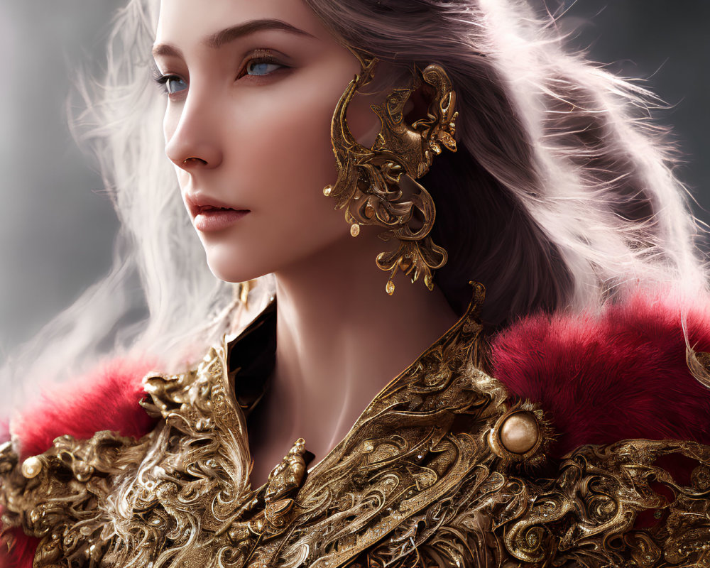 Digital artwork of woman in gold armor with ornate ear jewelry