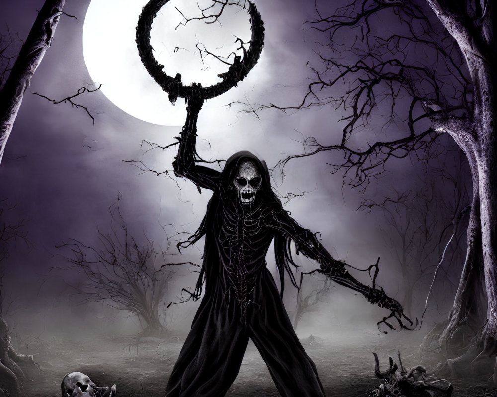 Skeletal figure in black robe with amulet under full moon