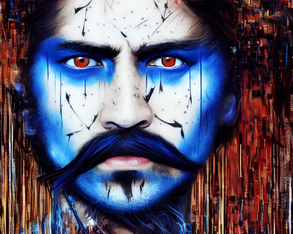 Fiery orange eyes on man with blue and white face paint against chaotic reddish backdrop