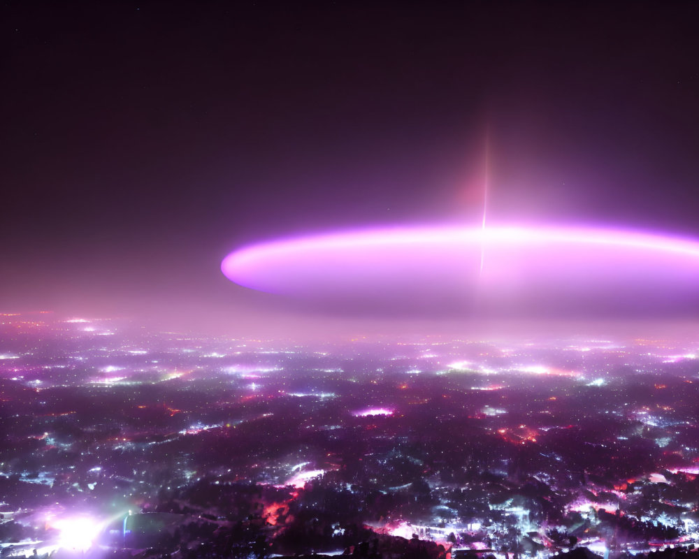 Glowing purple and pink UFO over night cityscape with white beam