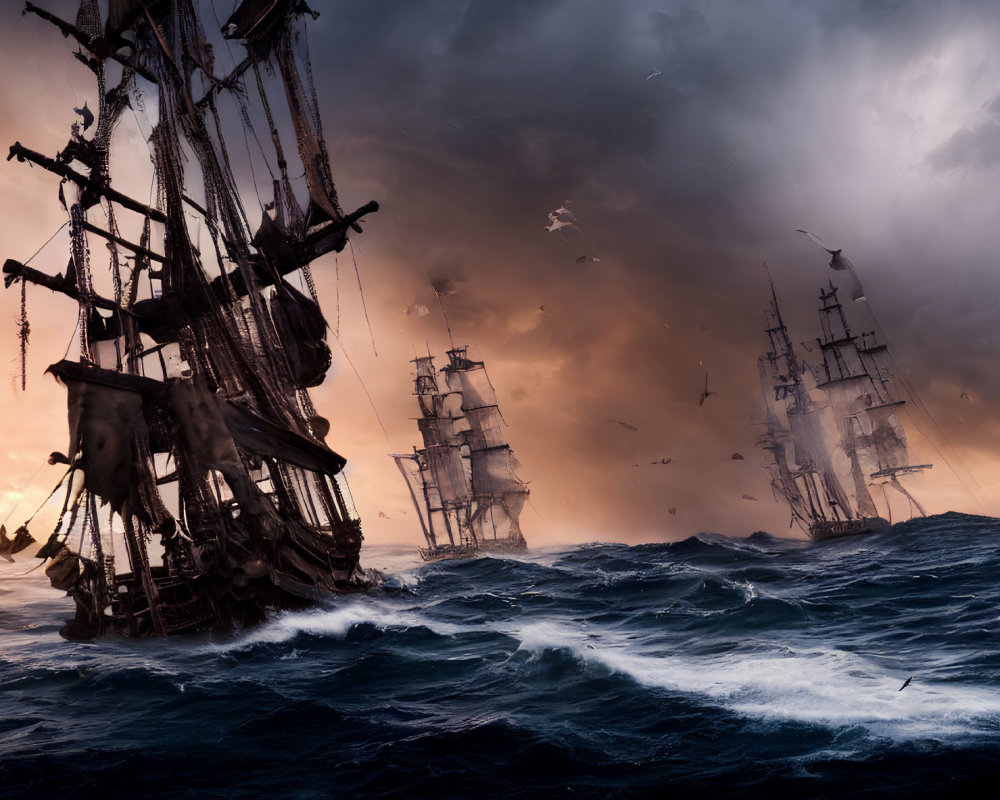 Stormy seas: sailing ships battle turbulent waves under dramatic sky