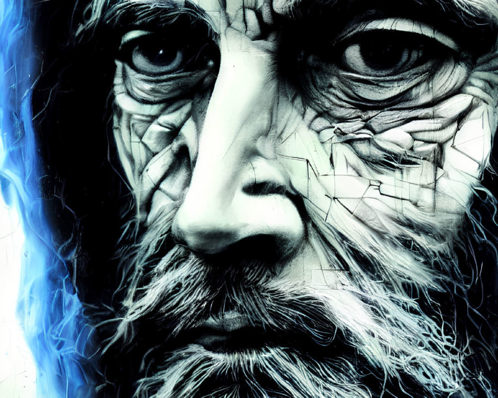 Bearded man with intense eyes, cracked skin effect, blue-white color palette