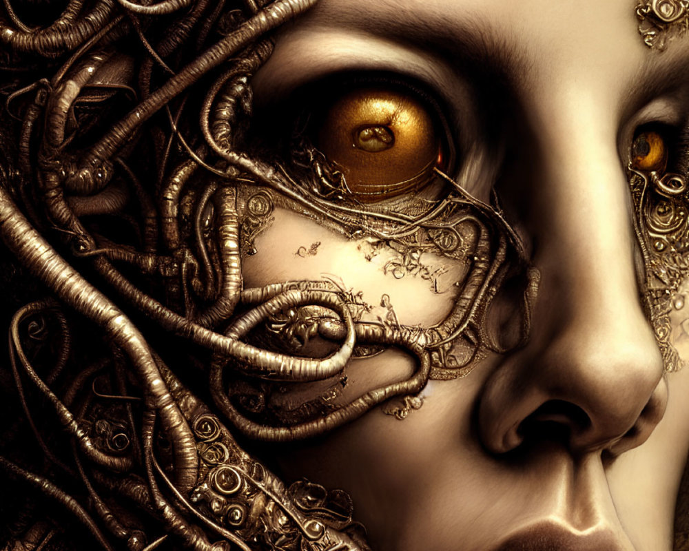 Steampunk-inspired female figure with ornate mechanical details