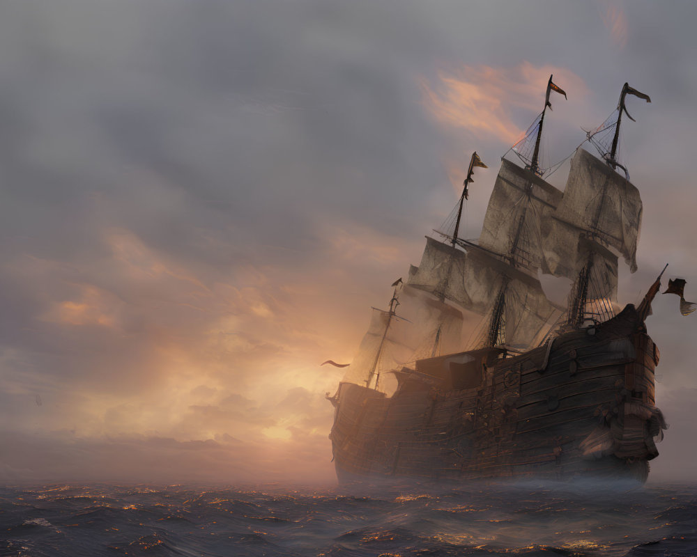 Vintage sailing ship with tattered sails in stormy seas at sunset.