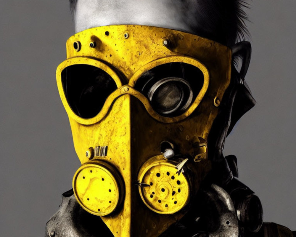 Yellow and Gray Post-Apocalyptic Gas Mask and Armor on Gray Background