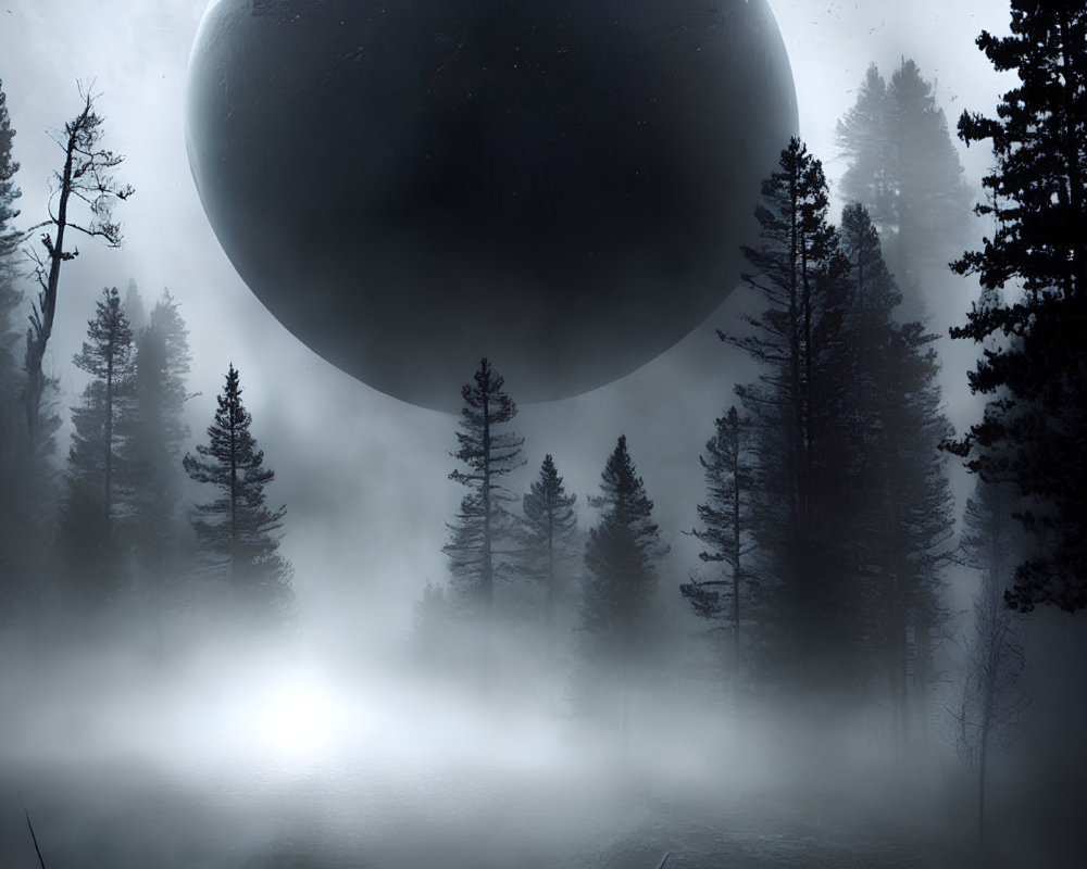 Giant Sphere Floating Above Foggy Forest with Tall Trees