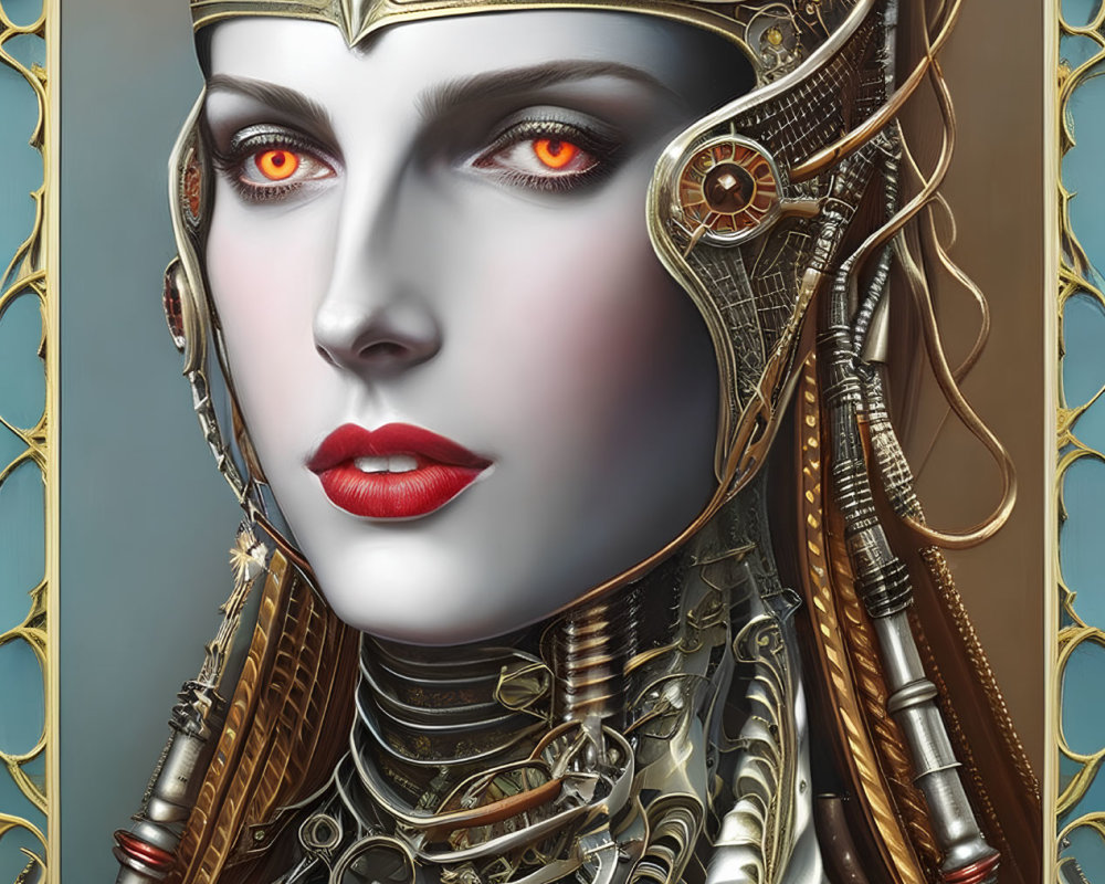 Digital Art: Female Figure with Mechanized Features and Steampunk Headgear