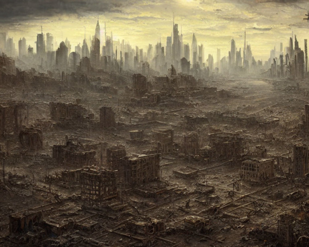 Desolate post-apocalyptic cityscape with ruined buildings under dramatic cloudy sky