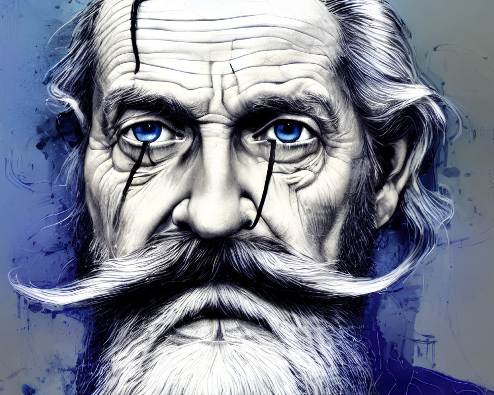 Detailed portrait of a man with blue eyes and white mustache on blue background