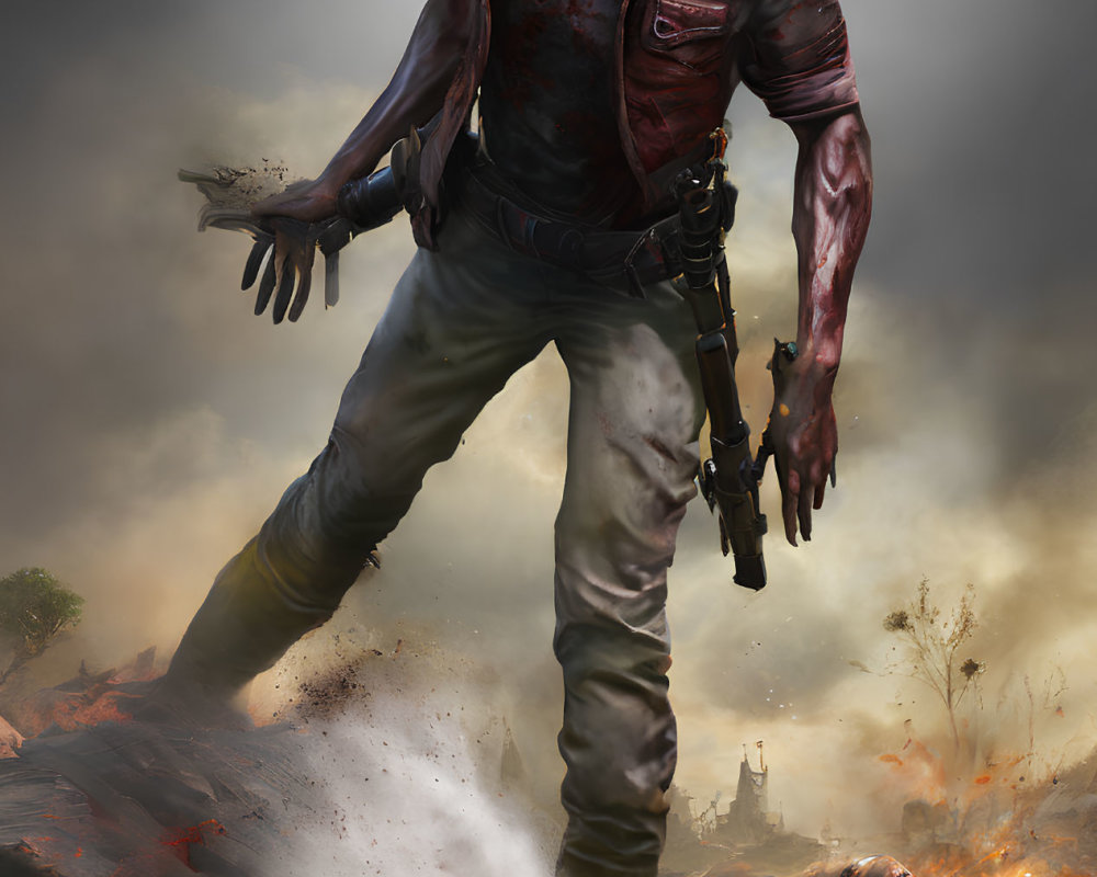 Detailed illustration of a zombie with exposed jaw, gun, in apocalyptic battlefield