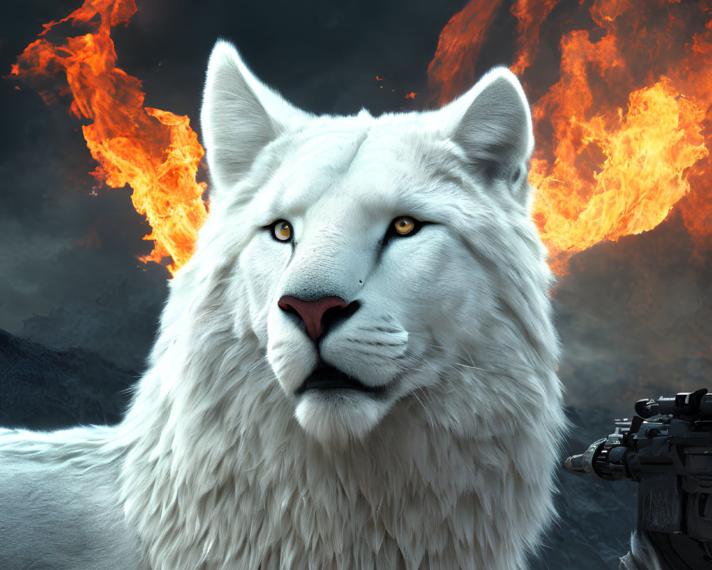 White Lion with Yellow Eyes Amid Flames and Smoke