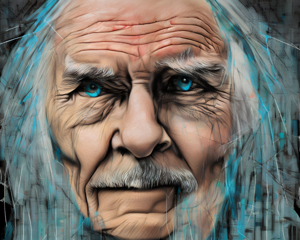 Detailed digital painting of elderly man with blue eyes and white hair