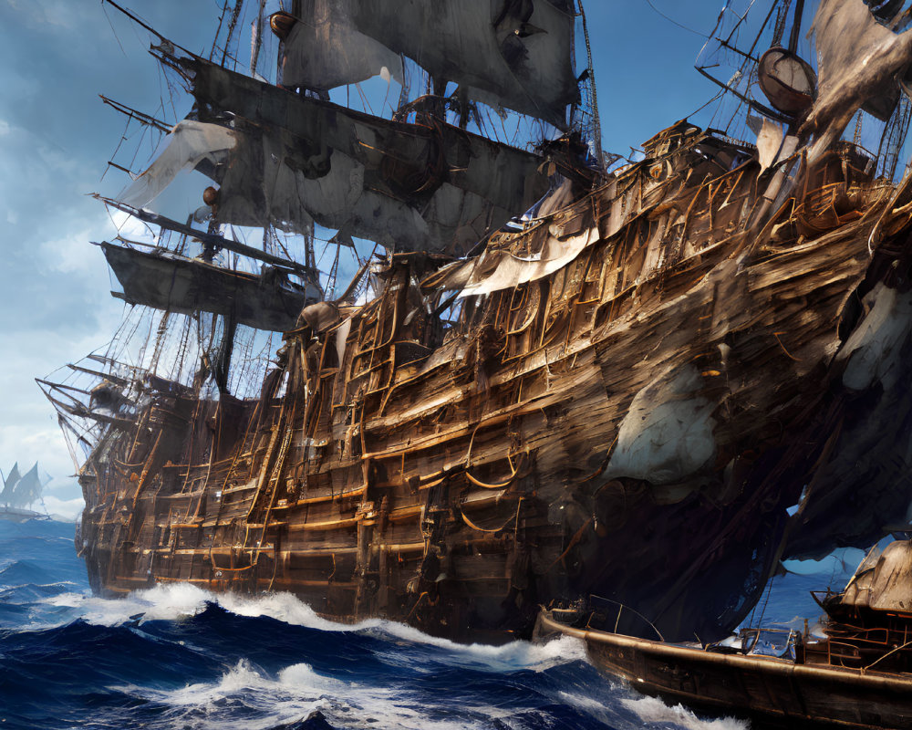 Historical naval battle scene with tall wooden ships and cannons on high seas