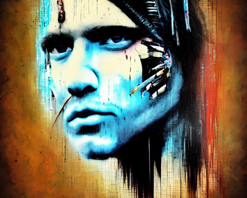 Abstract digital portrait with vibrant blue tones and textured background