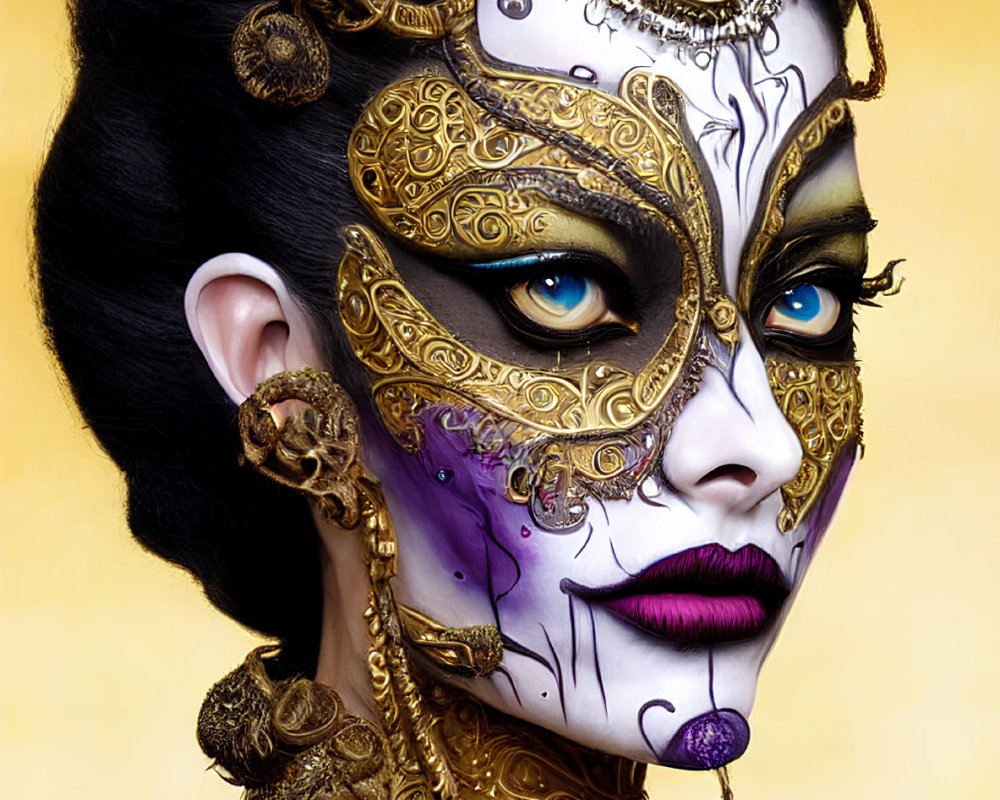 Intricate Makeup and Ornate Mask with Gold Filigree and Feathers