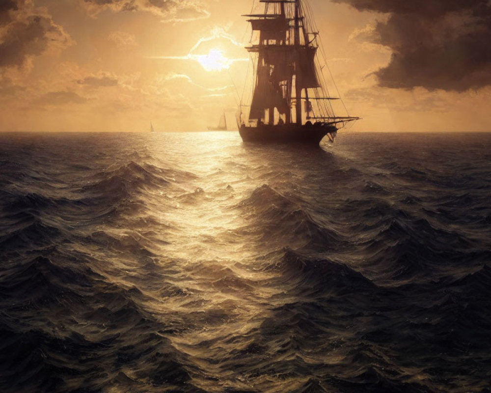 Sailing ship in choppy seas at sunset with golden sunlight.