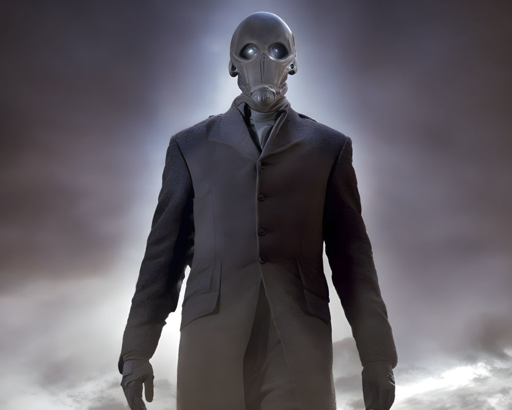 Person in dark suit with vintage gas mask against cloudy backdrop